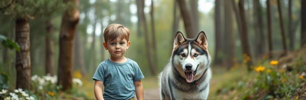 Child and Siberian Husky enjoying a peaceful moment in a serene forest setting during early morning hours photo