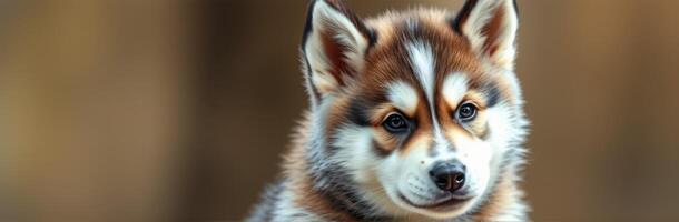 Cute puppy with brown and white fur looking curiously at the camera in a soft natural outdoor setting photo