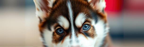 Brown and white husky puppy with striking blue eyes gazes curiously at the viewer indoors in a cozy setting photo