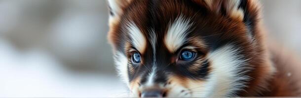 Fluffy puppy with striking blue eyes gazes intently in a snowy landscape during winter photo