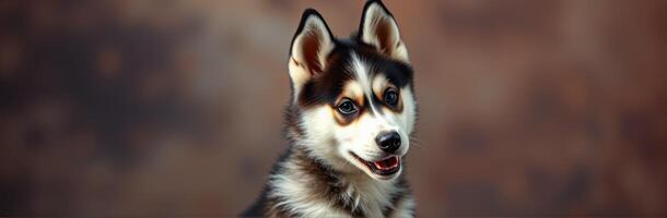 Playful husky puppy with striking blue eyes enjoys moment against a warm background photo