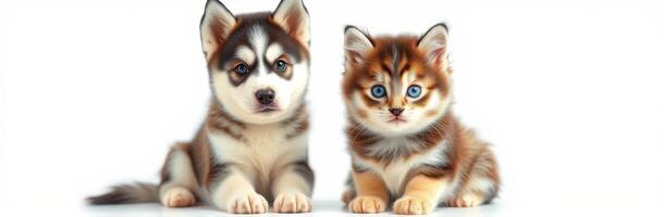 Cute husky puppy and fluffy kitten sitting together with bright blue eyes in a colorful setting photo