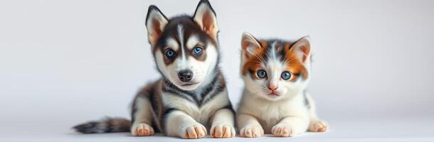 Cute husky puppy and calico kitten posing together against a light background photo