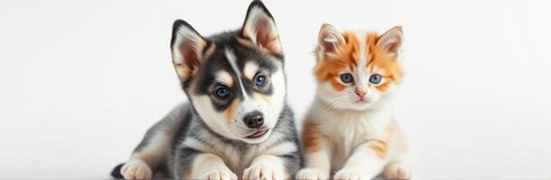 Adorable puppy and kitten play together on a bright background showcasing their friendship photo