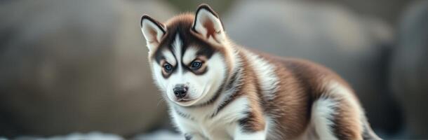 Cute husky puppy exploring a rocky area in bright sunlight during a warm afternoon photo