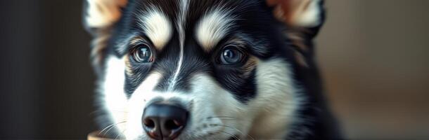 Husky puppy gazes curiously while sitting on a soft surface indoors during the afternoon photo
