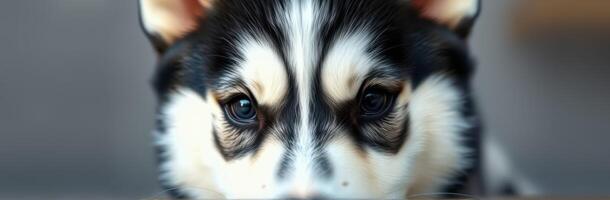 Close-up of a curious puppy exploring its surroundings in a cozy indoor environment photo