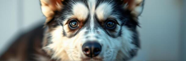 Close-up of an adorable black and white puppy with striking blue eyes looking directly at the camera in soft natural light photo
