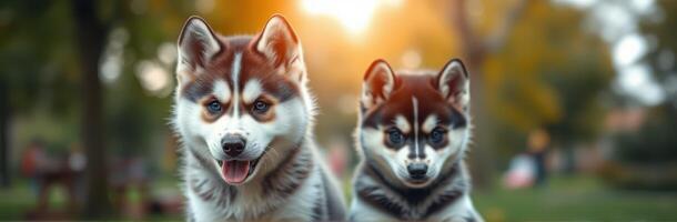 Two playful husky puppies enjoying a sunny day in a park filled with greenery and warmth photo