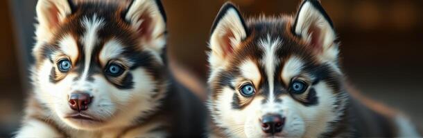 Two adorable husky puppies with striking blue eyes resting together indoors photo