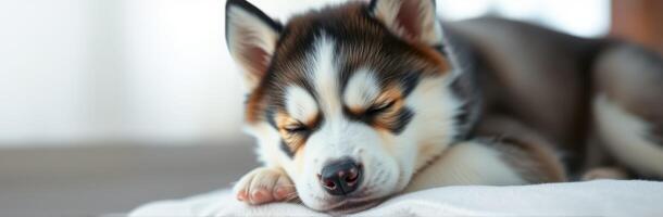 Happy husky puppy sleeping peacefully indoors in a cozy setting during daytime photo