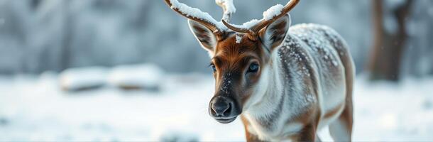Beautiful reindeer in a snowy landscape during a quiet winter morning photo