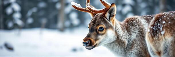Majestic reindeer stands peacefully in snowy landscape during winter afternoon in a forest setting photo