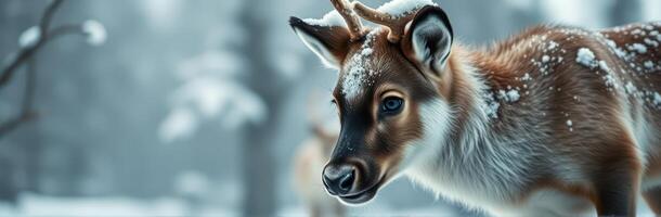 Young reindeer calmly explores a snowy forest filled with pine trees during a winter afternoon photo