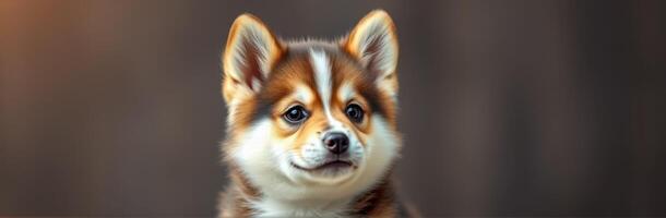 Cute brown and white puppy posing calmly in soft light against a blurred background photo
