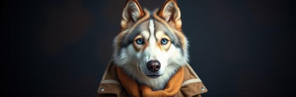 Unique anthropomorphic husky wearing an orange scarf and brown jacket posing against dark background photo