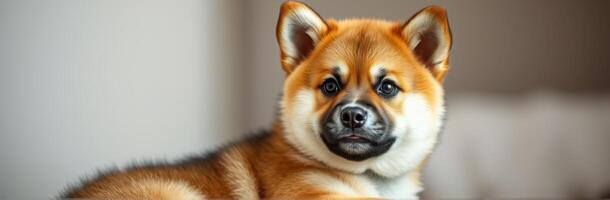 Shiba Inu rests comfortably indoors showcasing its playful personality photo