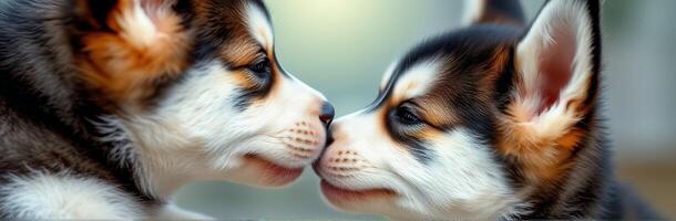 Two adorable corgi puppies playfully nuzzle each other in a cozy indoor setting during daylight hours photo