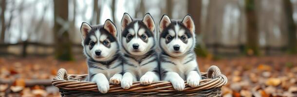 Three playful husky puppies sit together in a wicker basket surrounded by autumn leaves in a forest setting photo