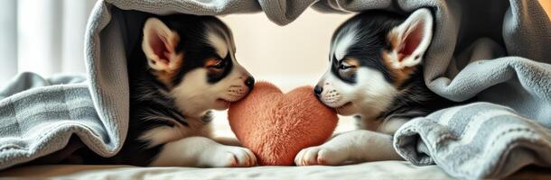 Cute corgi puppies cuddling under blanket with heart-shaped toy during cozy indoor moment photo