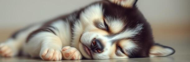 Cute and fluffy puppy sleeping peacefully on a soft surface in a cozy indoor setting photo