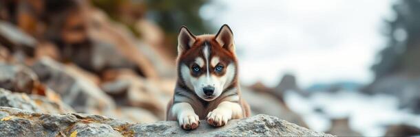 Husky puppy relaxes on rocky shore with beautiful background photo