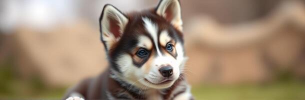 Cute husky puppy sitting outdoors, showing inquisitive expression in natural light with blurred background photo