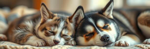 Two adorable puppies and a kitten sleeping peacefully on a cozy blanket in a sunlit room photo