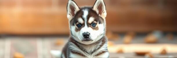 Cute husky puppy sitting calmly indoors, showcasing its fluffy fur and unique markings while surrounded by soft lighting photo