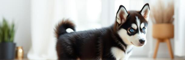 Siberian husky puppy playing indoors in a cozy living room with sunlight streaming through the windows photo
