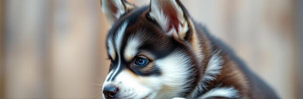 Cute husky puppy with striking blue eyes sitting against a blurred wooden background photo