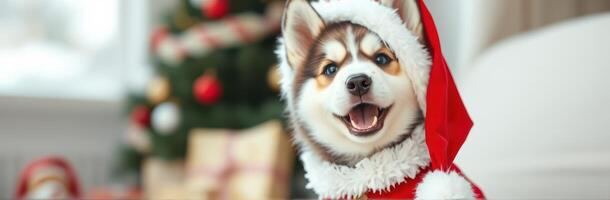 Happy dog in a festive outfit celebrating Christmas with a cheerful expression by a decorated tree photo