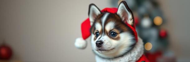 Cute dog wearing a Christmas hat and sweater in front of a decorated tree during the holiday season photo