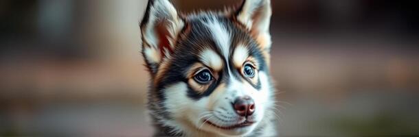 Cute husky puppy with striking blue eyes looking curiously in a soft outdoor setting during golden hour photo