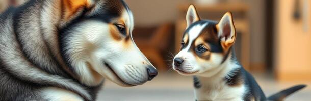Two huskies share a tender moment in a cozy indoor setting, showcasing the bond between a mother and her puppy photo