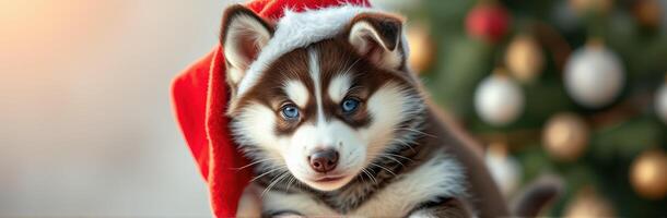Cute puppy wearing a Santa hat poses in front of a decorated Christmas tree with ornaments and festive lights photo