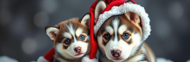 Two playful husky puppies wearing Christmas hats are enjoying the holiday spirit in a festive atmosphere photo