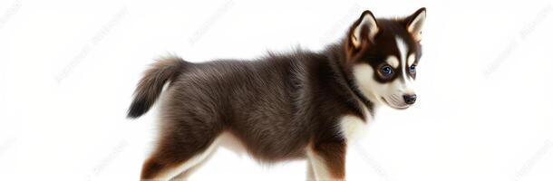 Cute husky puppy standing on a light background while looking playfully over its shoulder photo