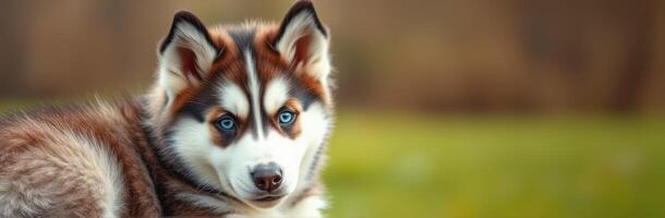 Siberian husky puppy with striking blue eyes resting in a green outdoor area on a sunny day photo