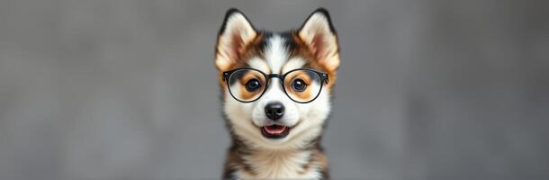 Playful dog wearing glasses poses with a joyful expression in a friendly indoor setting photo