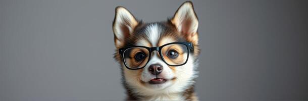 Cute dog wears glasses in a playful portrait, showcasing its charming personality indoors photo