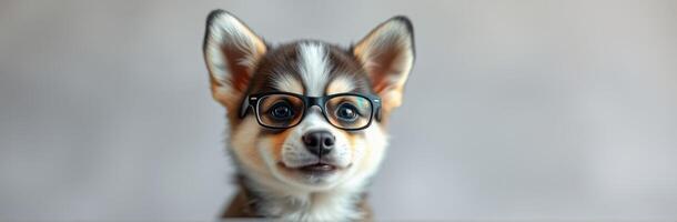 Cute dog wearing glasses poses for a close-up in a soft background, showcasing its playful expression photo