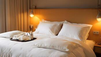 A bed with white sheets and pillows photo