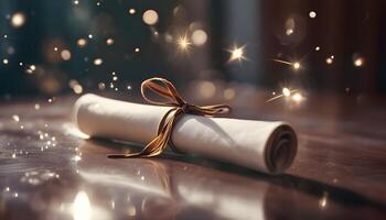 A diploma is wrapped around a table with sparkling lights photo