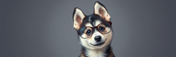 Cute husky puppy wearing glasses poses playfully against a grey background in a studio setting photo