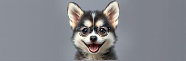 Happy dog with glasses smiles at the camera showcasing a playful personality indoors photo