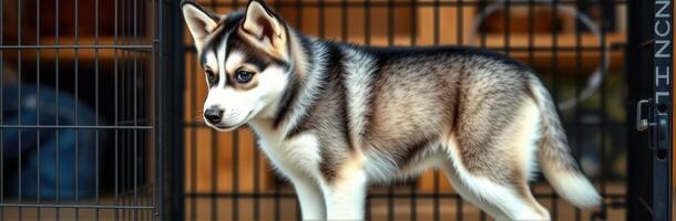 Cute husky puppy exploring its enclosure in a cozy indoor setting photo