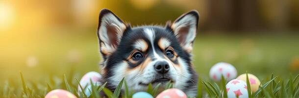 Corgi puppy enjoying a sunny day surrounded by colorful Easter eggs in a grassy field during springtime photo