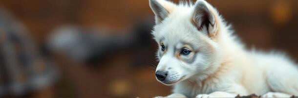 Playful arctic fox puppy exploring its surroundings in a natural habitat with soft focus background photo