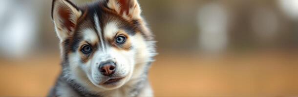 Playful husky puppy enjoying a sunny day in a park setting with a blurred background photo